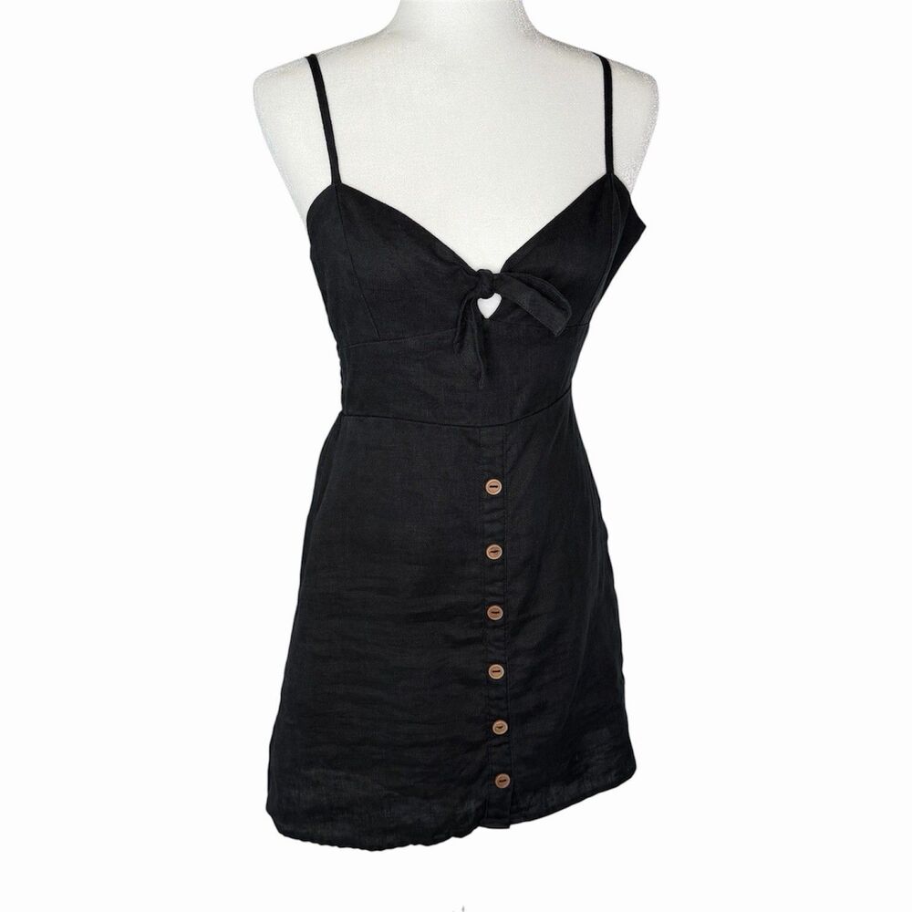 Lush Black Linen Mini Dress Button Down Tie Front Summer Resort **Size XS or S